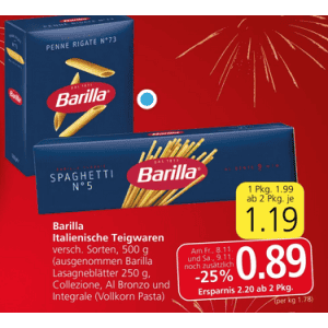 Barilla Teigwaren um je 0,89 € statt 1,99 € ab 2 Stück bei Spar