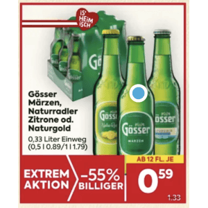 Gösser Radler Flasche um je 0,59 € statt 1,33 € ab 12 Stück bei Billa