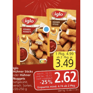 Iglo Hühner Nuggets / Sticks um je 2,62 € statt 4,99 € bei Spar