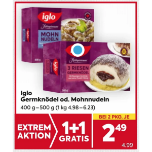 Iglo Mohnnudeln oder Germknödel um je 2,49 € statt 4,99 € ab 2 Stück (1+1) bei Billa