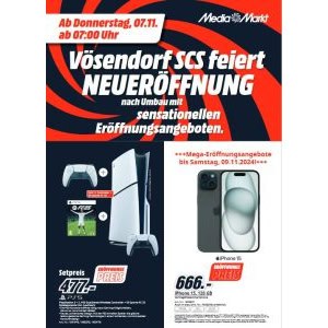 MediaMarkt SCS Neueröffnung (ab 07.11. um 7 Uhr) – zB. Apple iPhone 15 128GB um 666 €