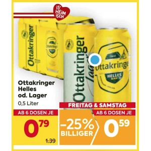 Ottakringer Helles / Lager Dose um je 0,59 € statt 1,39 € ab 6 Stück bei Billa