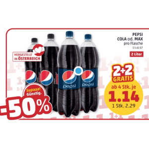 Pepsi Cola oder Pepsi Max 2L Flasche um je 1,14 € statt 2,29 € ab 4 Stück bei Penny