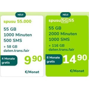 Spusu “55.000” (55GB / 1.000 Min / 500 SMS) 4 Monate gratis oder Spusu “5G 55” (55GB / 2.000 Min / 1.000 SMS) 6 Monate gratis testen