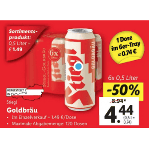 Stiegl Goldbräu Dose um je 0,74 € statt 1,49 € ab 6 Stück bei Lidl