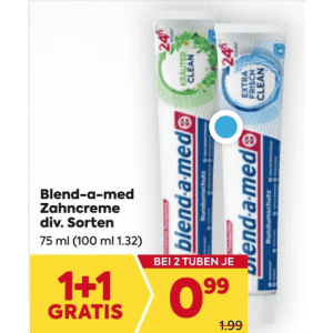 Blend-a-med Zahncreme um je 0,99 € statt 1,99 € ab 2 Stück (1+1) bei Billa