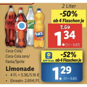 Coca Cola 2L Flasche um je 1,29 € statt 2,69 € ab 4 Stück mit Lidl Plus App