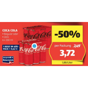 Coca Cola Dose um je 0,62 € statt 1,25 € ab 6 Stück bei Hofer