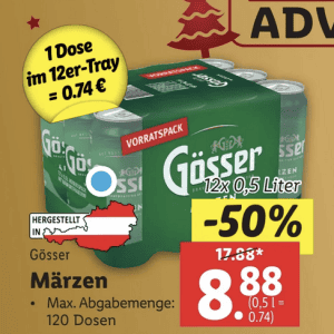 Gösser Dosen um je 0,74 € statt 1,49 € ab 12 Dosen bei Lidl