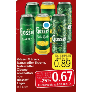 Gösser Radler Dose um je 0,67 € statt 1,55 € ab 24 Stück bei Spar