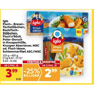 Iglo Fischstäbchen um je 2,99 € statt 6,19 € ab 2 Stück bei Billa