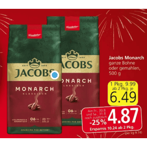 Jacobs Monarch Kaffee um je 4,87 € statt 9,99 € ab 2 Stück (1+1) bei Spar