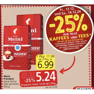 Julius Meinl Präsident Kaffee um je 5,24 € statt 11,99 € ab 2 Stück bei Spar