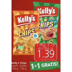 Kelly’s Chips (div. Sorten) um je 1,39 € statt 2,79 € ab 2 Stück (1+1) bei Spar