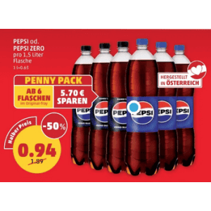 Pepsi Cola oder Pepsi Max 1,5L Flasche um je 0,94 € statt 1,89 € ab 6 Stück bei Penny