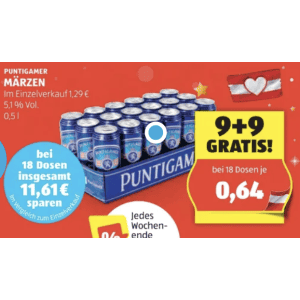 Puntigamer Bier Dose um je 0,64 € statt 1,29 € ab 18 Dosen bei Hofer