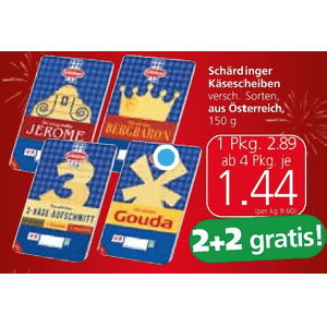 Schärdinger Käsescheiben um je 1,44 € statt 2,89 € ab 4 Stück (2+2) bei Spar