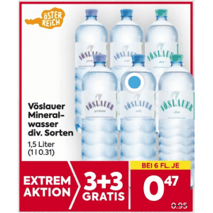 Vöslauer 1,5L Flasche um je 0,47 € statt 0,95 € ab 6 Stück bei Billa