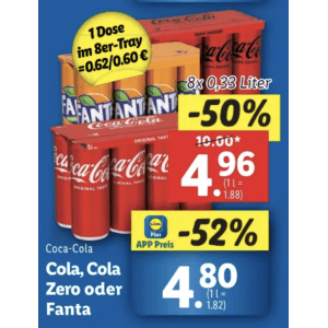 Coca Cola Dose um je 0,60 € statt 1,25 € ab 8 Stück mit Lidl Plus App