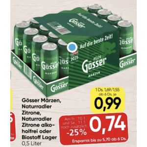 Gösser Radler Dose um je 0,74 € statt 1,55 € ab 24 Stück bei Spar