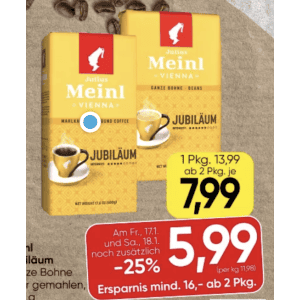 Julius Meinl Jubiläum Kaffee um je 5,99 € statt 13,99 € ab 2 Stück bei Spar