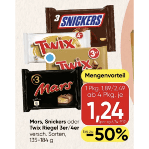 Mars, Snickers oder Twix Packung um je 1,24 € statt 2,49 € ab 4 Stück (2+2) bei Spar