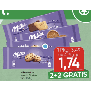 Milka Kekse (div. Sorten) um je 1,74 € statt 3,49 € ab 4 Stück (2+2) bei Spar