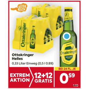 Ottakringer Helles Flasche um je 0,59 € statt 1,19 € ab 24 Stück bei Billa & Billa Plus