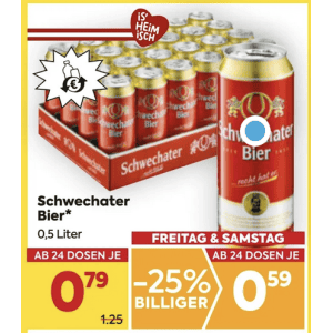 Schwechater Bier Dose um je 0,59 € statt 1,25 € ab 24 Stück bei Billa & Billa Plus